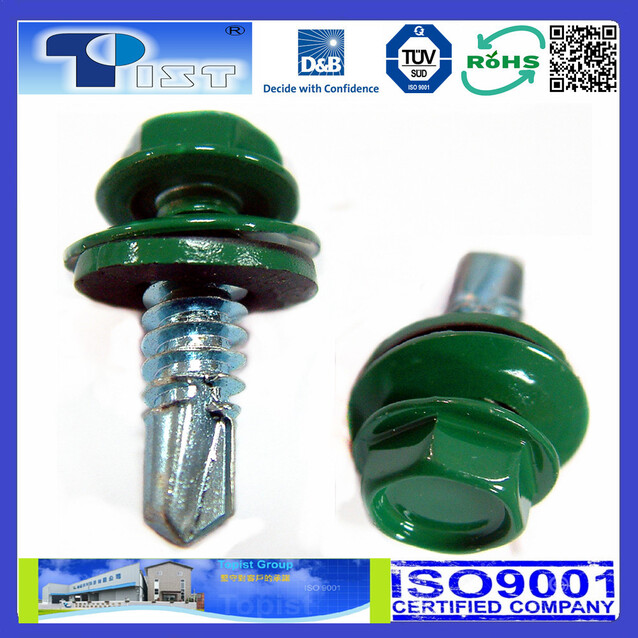 Hex Washer Head, Self Drilling Screw, Zine Plated, With Bonded Washer, Head Painted Bright Green