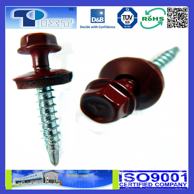 Hex Washer Head, Self Drilling Screw, Zine Plated, With Bonded Washer, Head Painted Dark Red