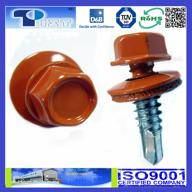 Hex Washer Head, Self Drilling Screw, Zine Plated, With Bonded Washer, Head Painted Orange